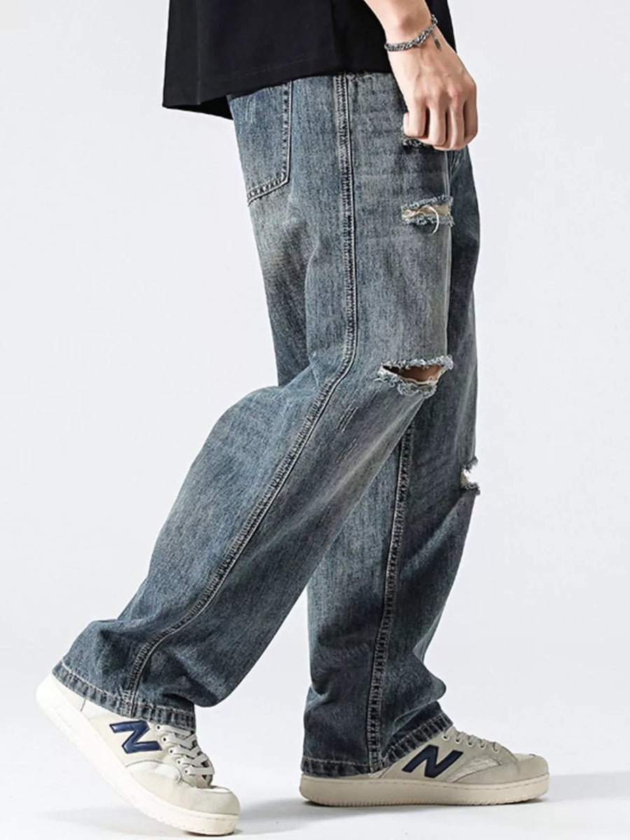 Blue with Men's Distressed Loose Fit Jeans
