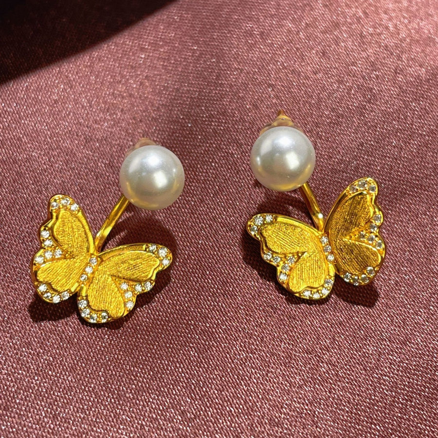 earrings featuring butterfly in Gold with Synthetic Pearl,18K Gold-Plated,925 sterling silver,Zircon Care instructions: Av