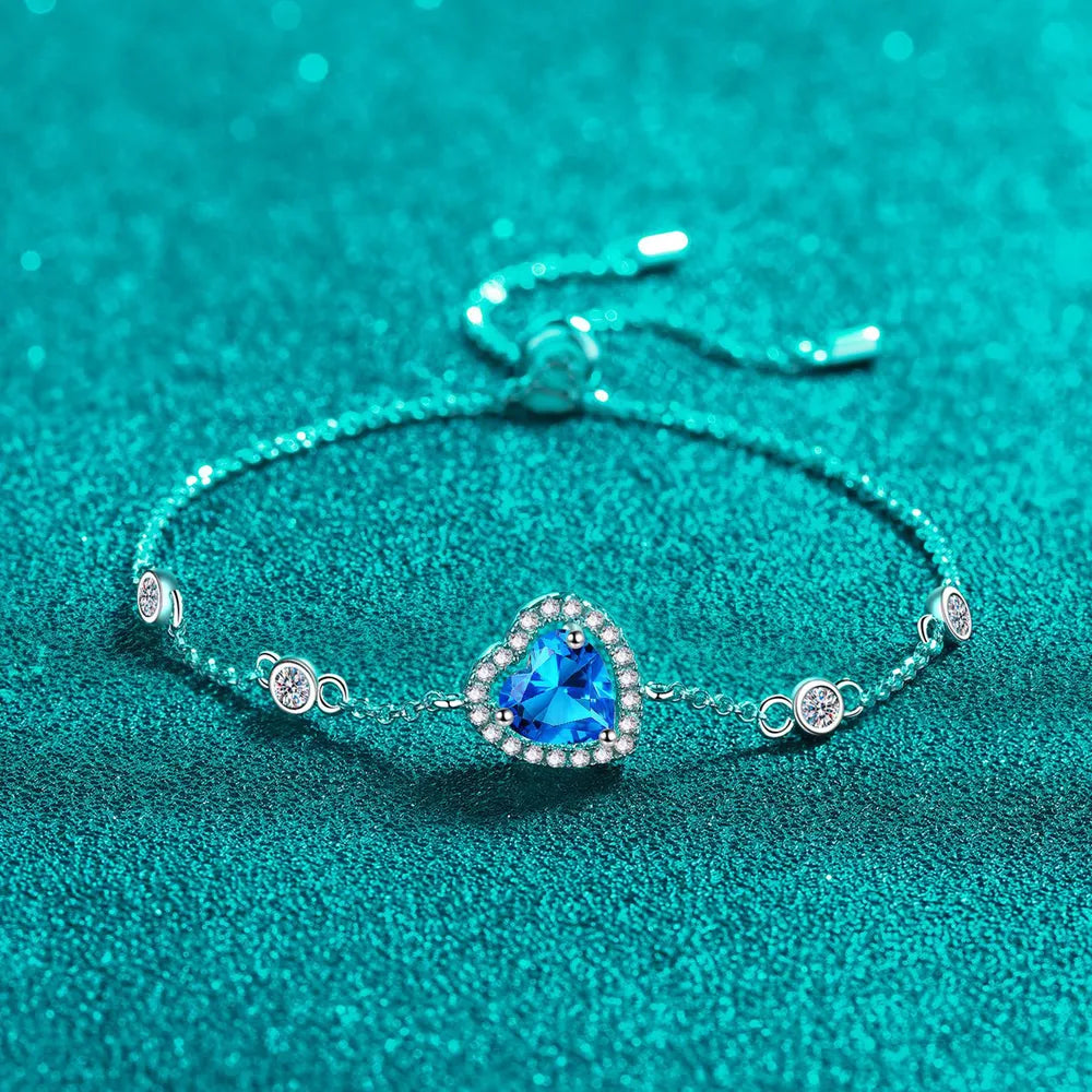 Blue heart halo moissanite adjustable bracelet with clear accent stones