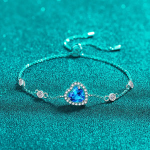 Blue heart halo moissanite adjustable bracelet with clear accent stones