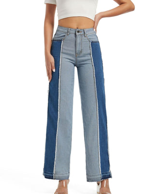 dark blue jeans featuring buttoned and color-block