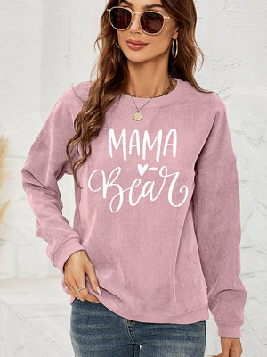 Dusty Pink textured corduroy sweatshirt with white "Mama Bear" graphic, crew neck, long sleeves.