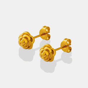 Gold rosebud stud earrings with detailed sculpted petals.