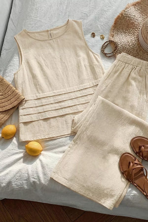 Sleeveless Top And Wide-leg Pants Set in Beige