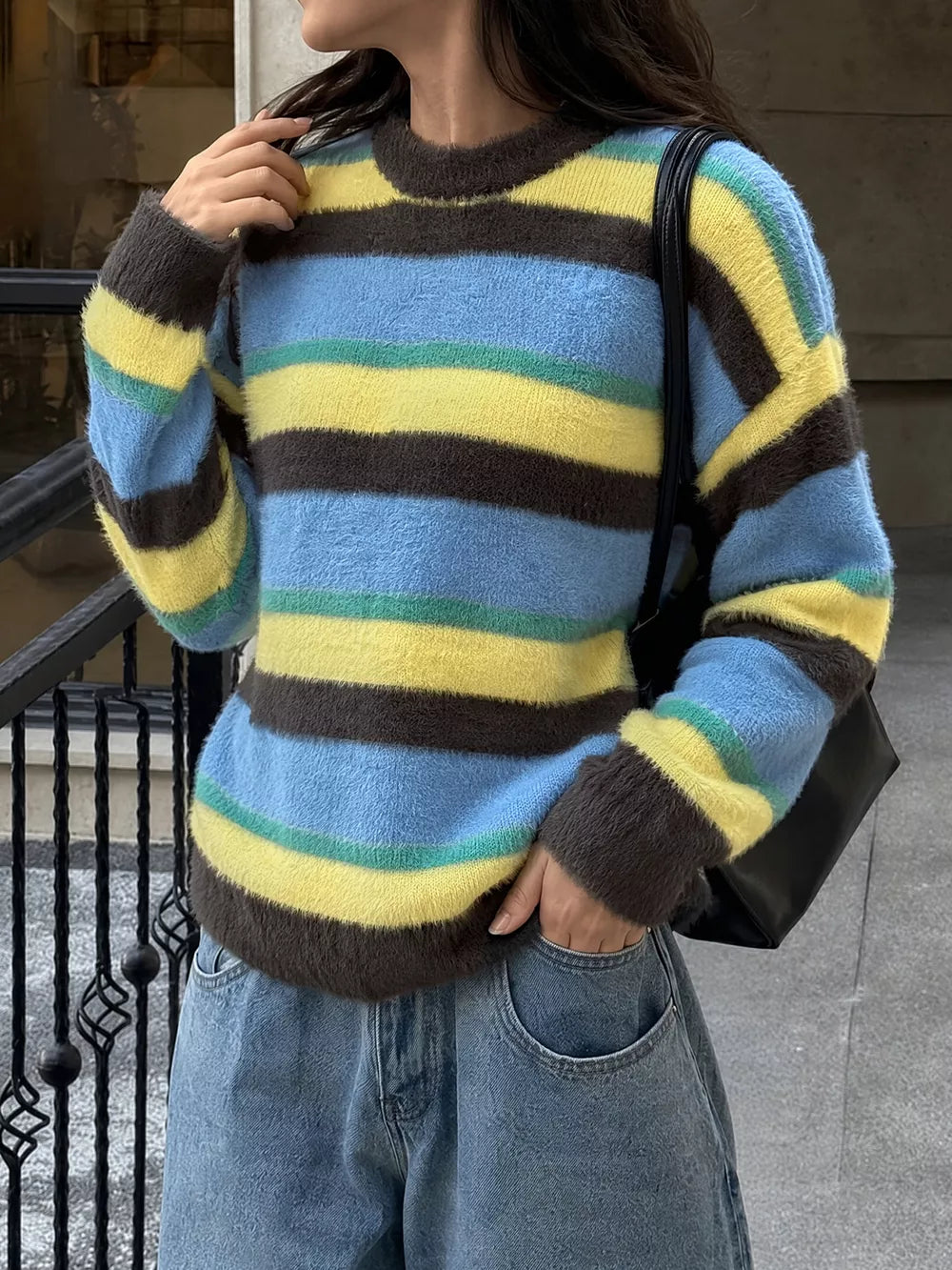 dark brown pullover sweater with striped and crew neck