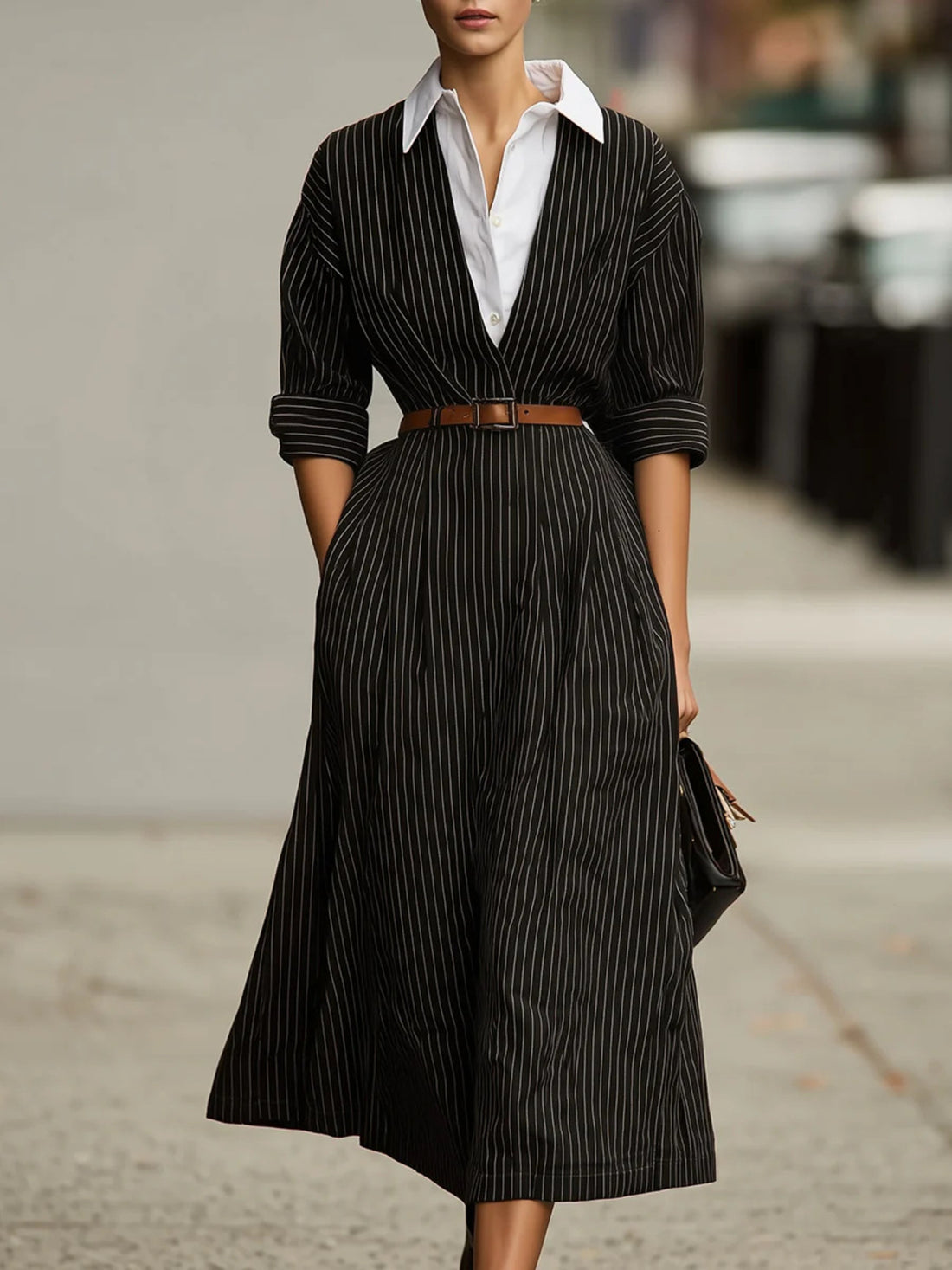 black midi dress with striped and collared
