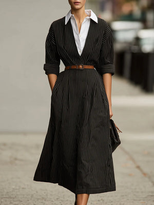 black midi dress with striped and collared