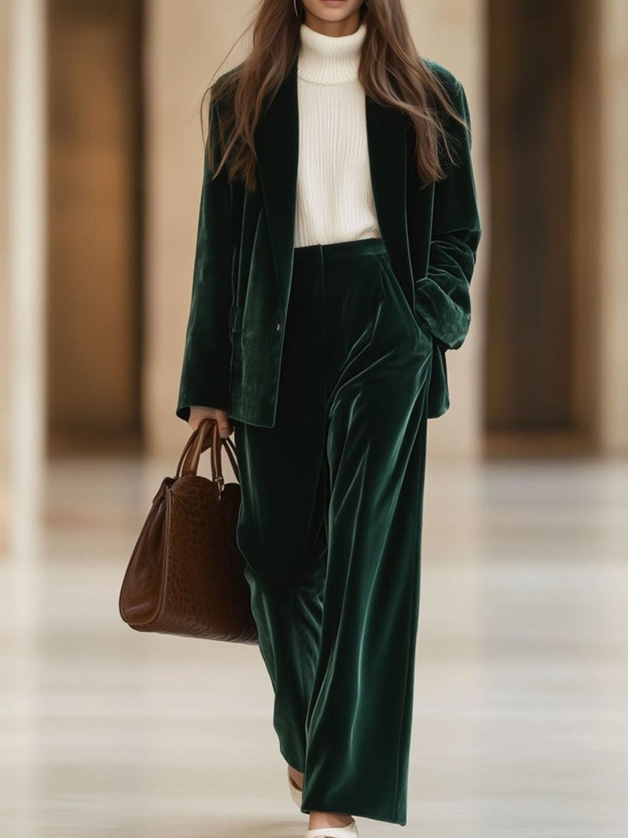 Velvet Blazer And Wide-Leg Pants Set in Black with buttoned