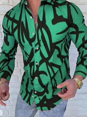 Green abstract scribble print slim-fit men's shirt with long sleeves.
