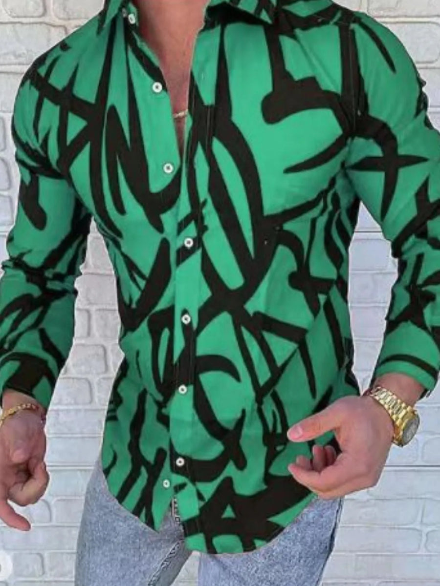Green abstract scribble print slim-fit men's shirt with long sleeves.