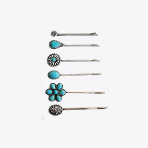 Turquoise blossom hair pins set with alloy metal in boho style.