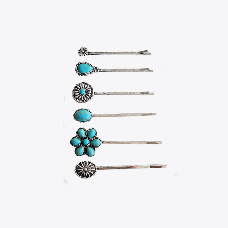 Turquoise blossom hair pins set with alloy metal in boho style.