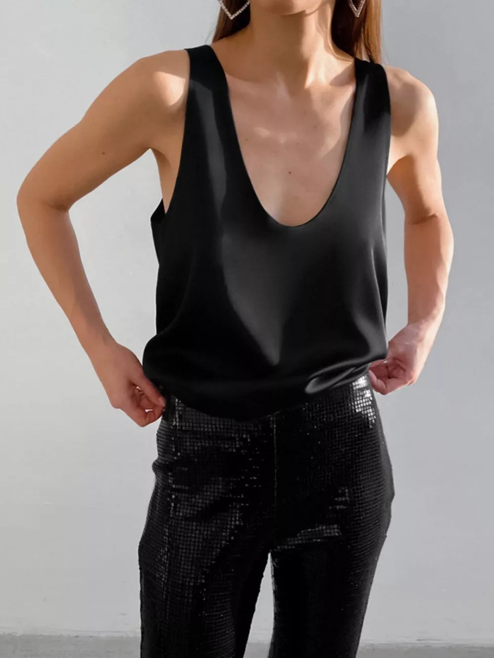 Satin Deep V-neck Tank in Wine Red with stretch