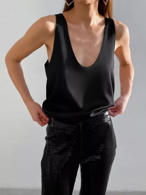Satin Deep V-neck Tank in Wine Red with stretch