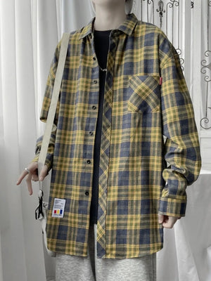 Yellow Men's Plus Size Plaid Button Up Shirt