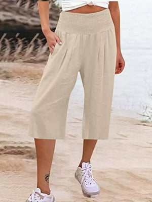 Beige linen blend cropped pants with smocked waist and side pockets
