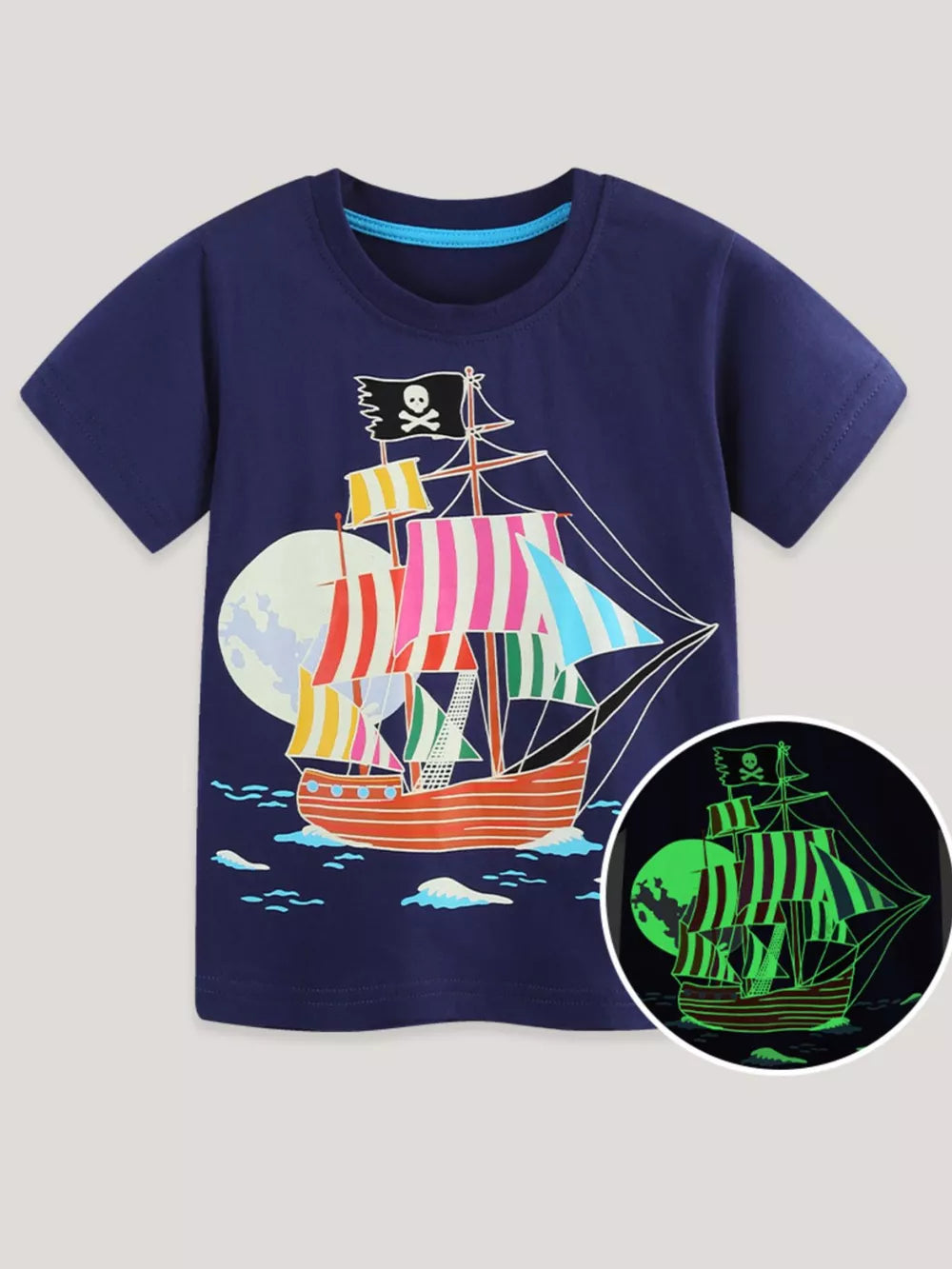 Navy cotton crew neck t-shirt with a graphic pirate ship and moon, glows in the dark.
