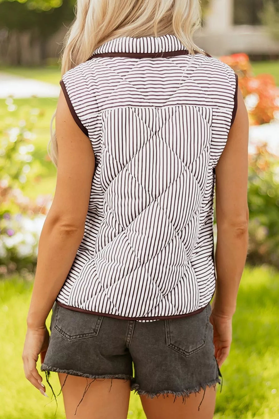Dark Brown with Striped Quilted Snap Button Vest