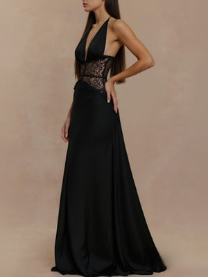 Black lace trim halter neck maxi dress with plunging neckline and fitted waist.