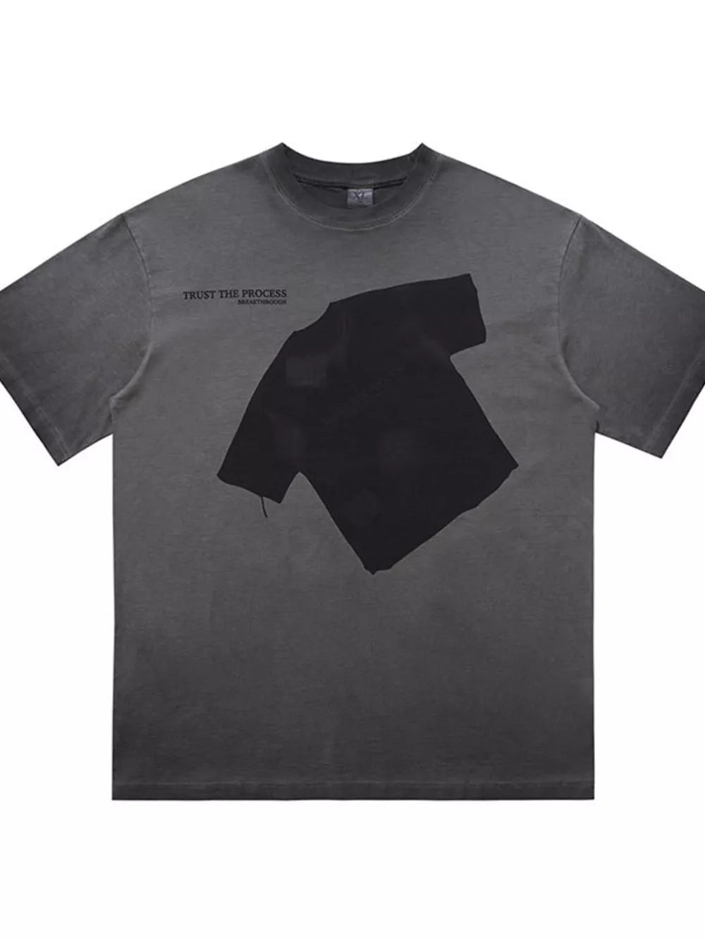 Men's grey cotton blend t-shirt with distressed graphic print and text detail.