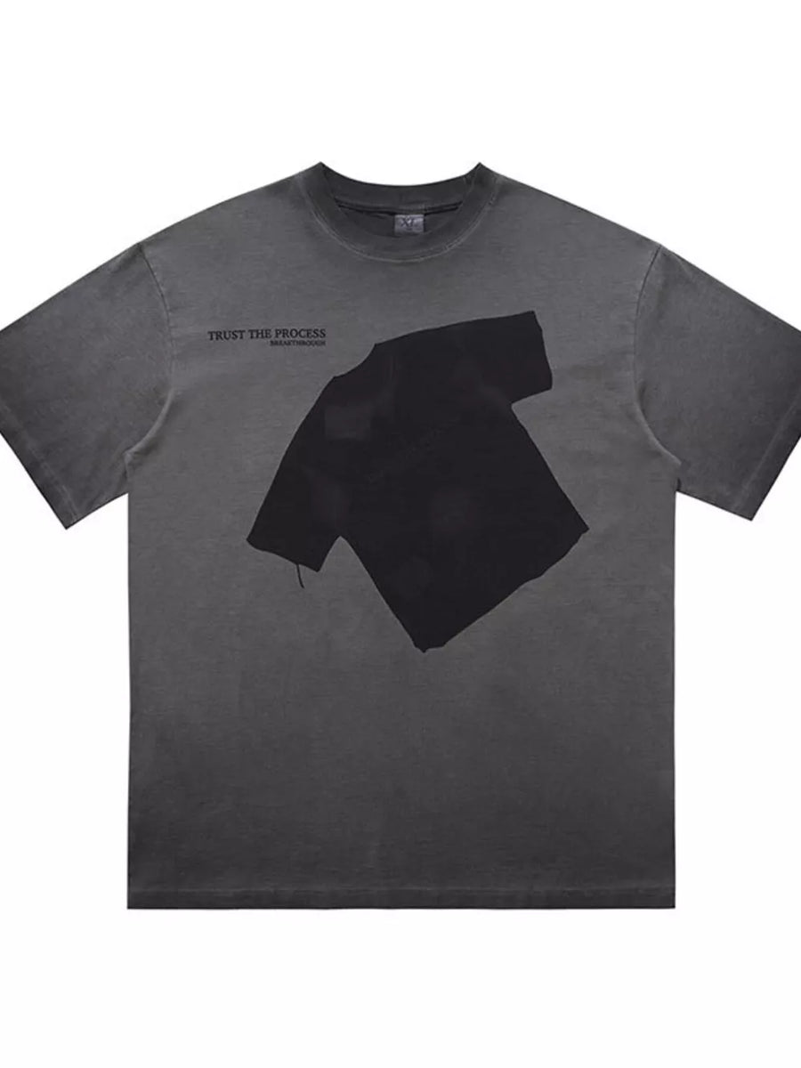 Men's grey cotton blend t-shirt with distressed graphic print and text detail.