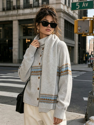 light gray cardigan with geometric and round neck