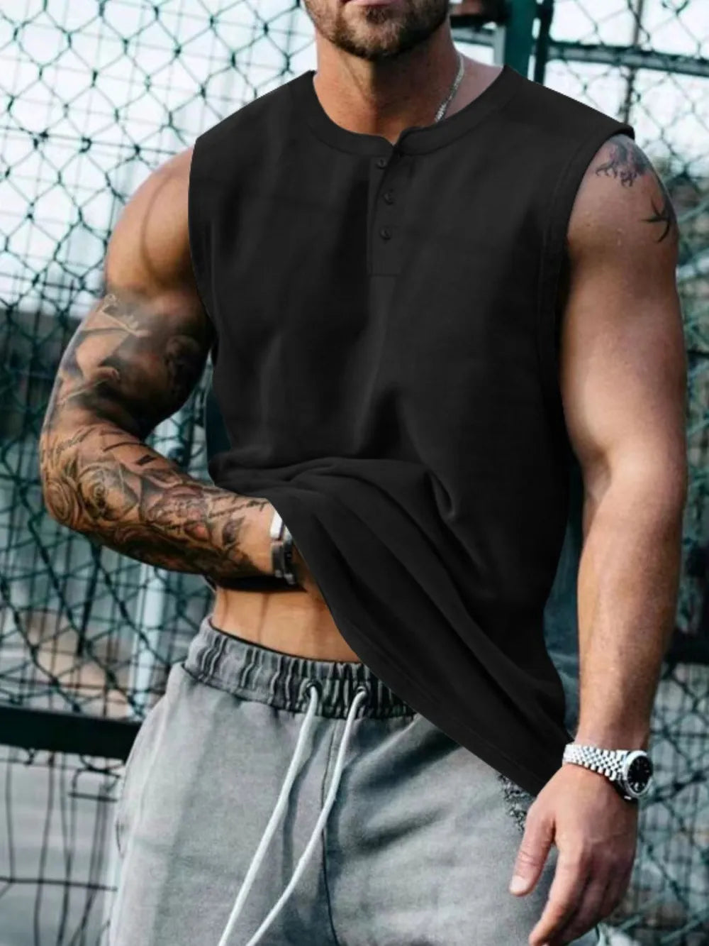Black henley neck sleeveless muscle tank top with button detail