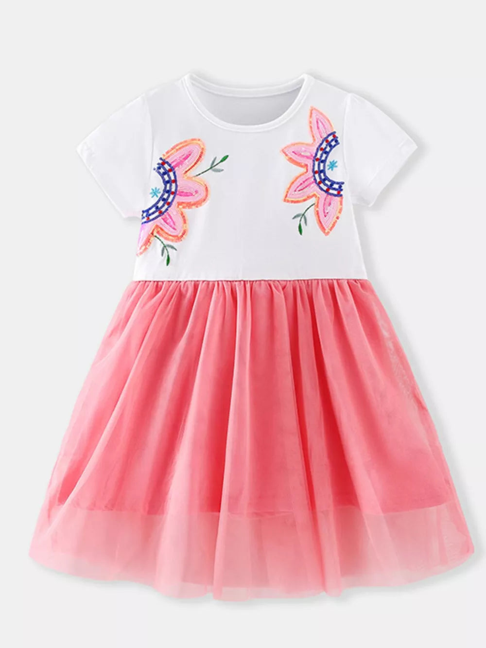 White cotton dress with floral embroidery and pink tulle skirt