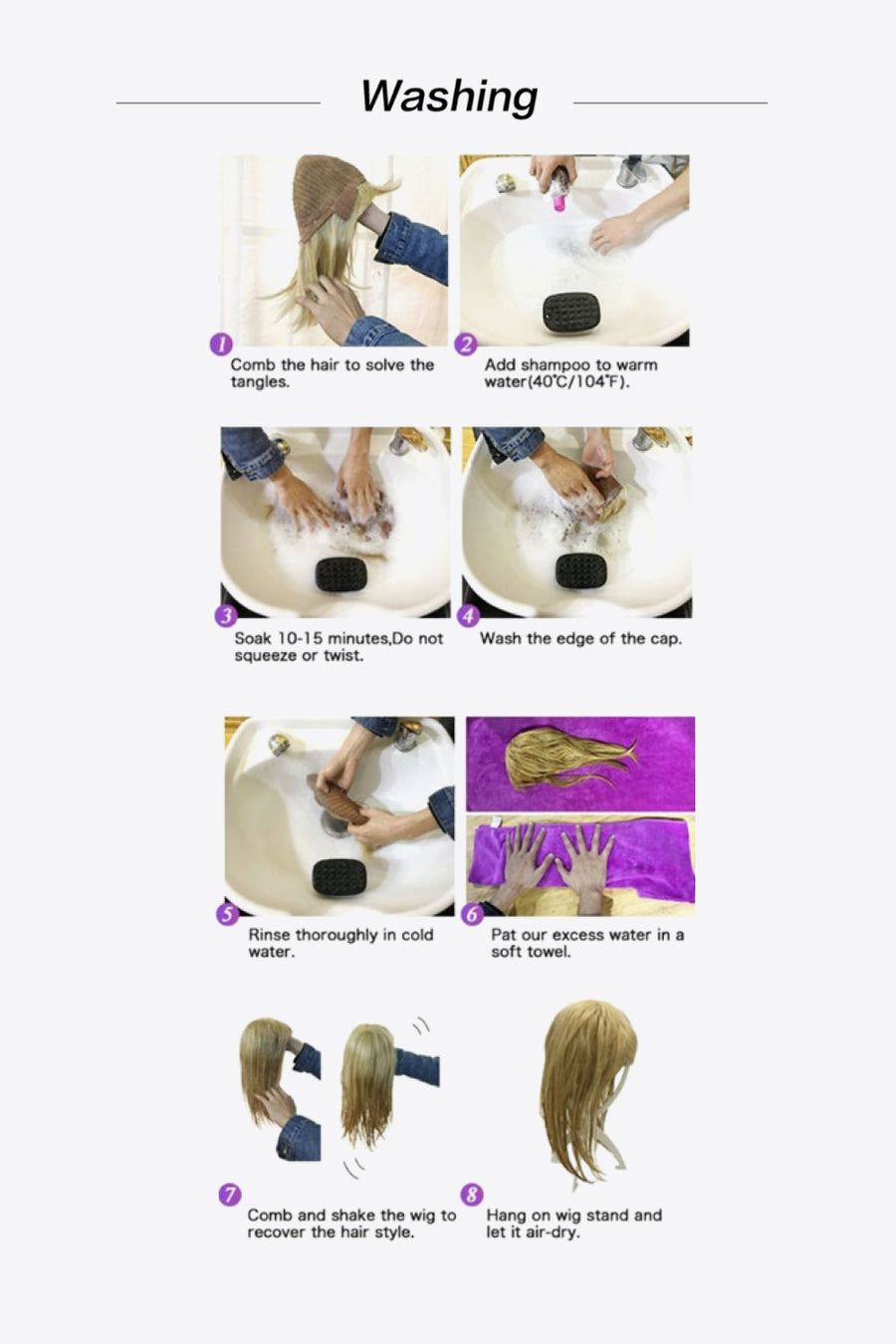 Layered Contour Synthetic Wig with Bangs washing instructions: comb, shampoo, soak, rinse, pat dry, shake, air dry.