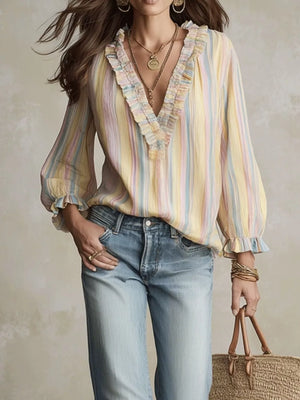 Striped V-neck Long Sleeve Blouse in Multicolor