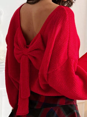 Deep Red long-sleeve sweater with a large bow detail on the back.