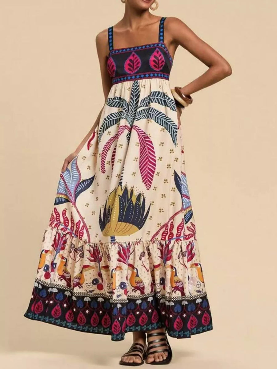 Tropical print square neck maxi dress with tiered hem and toucan pattern