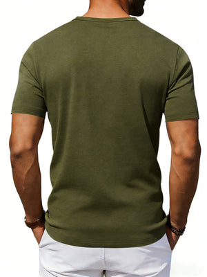 Army green cotton blend tee with scoop neck and short sleeves.