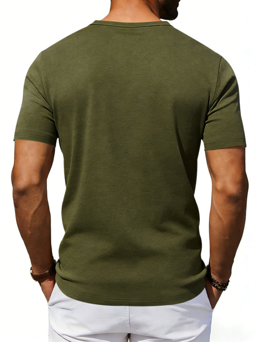 Army green cotton blend tee with scoop neck and short sleeves.