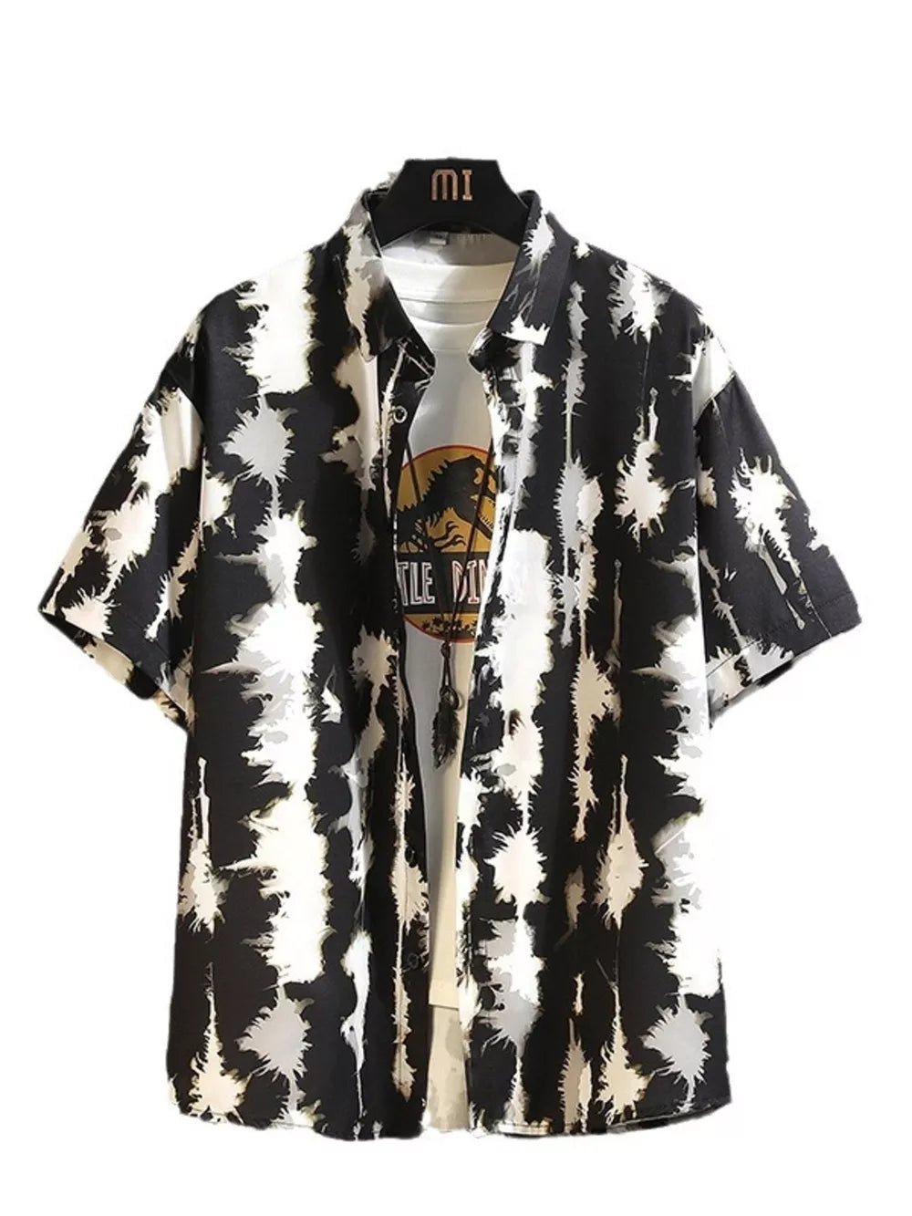 Men's abstract print short-sleeve collared shirt in black and white tie-dye.