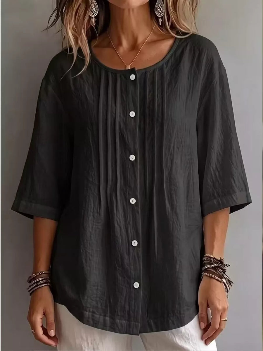 Black Full Size Texture Round Neck 3/4 Sleeve Blouse