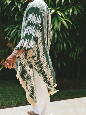 Army green kimono with white geometric print and fringe trim