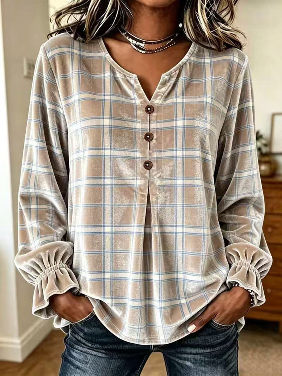 Pastel Yellow blouse with half-button and plaid