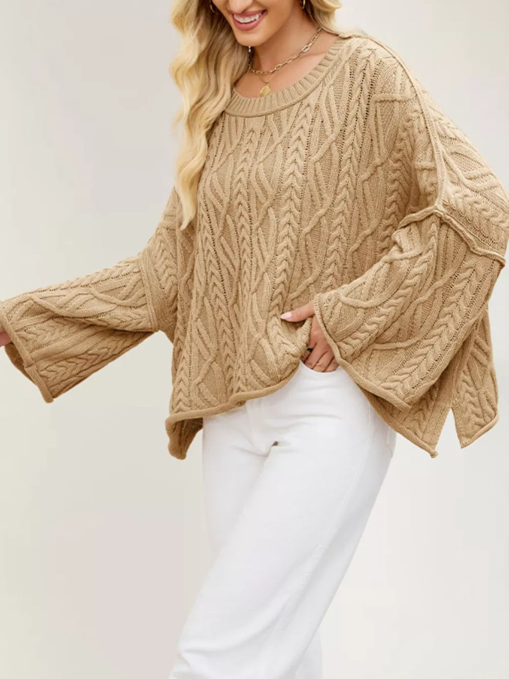 camel pullover sweater with cable knit and crew neck