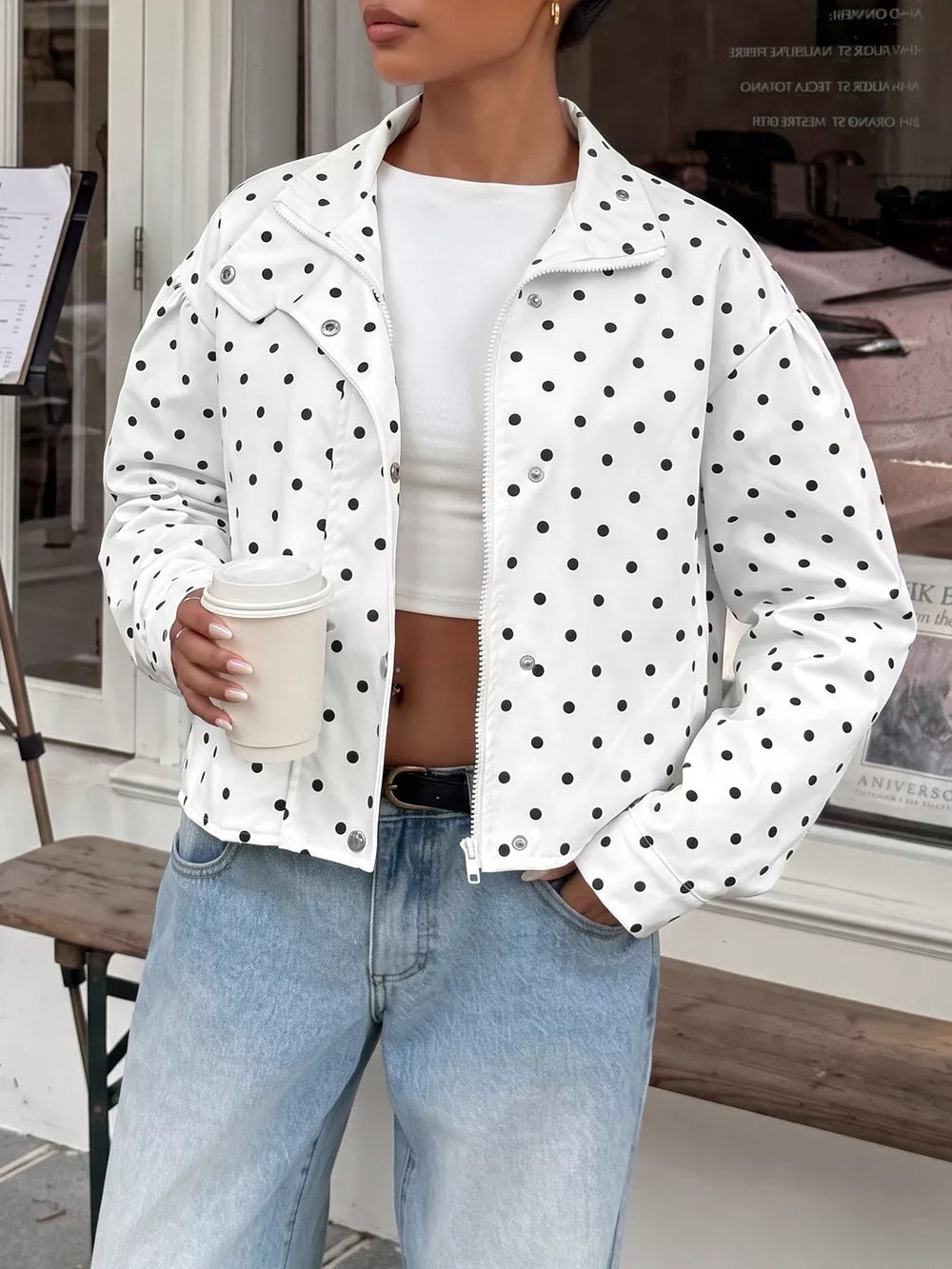 white windbreaker with polka dot and collared