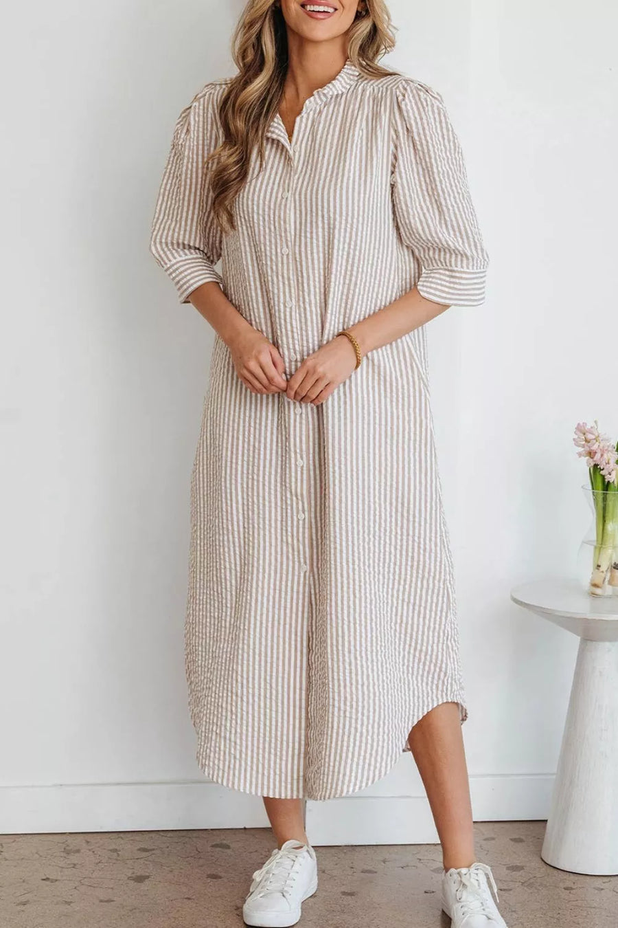 Stripe Frilled Collar Half Sleeve Shirt Dress option 7