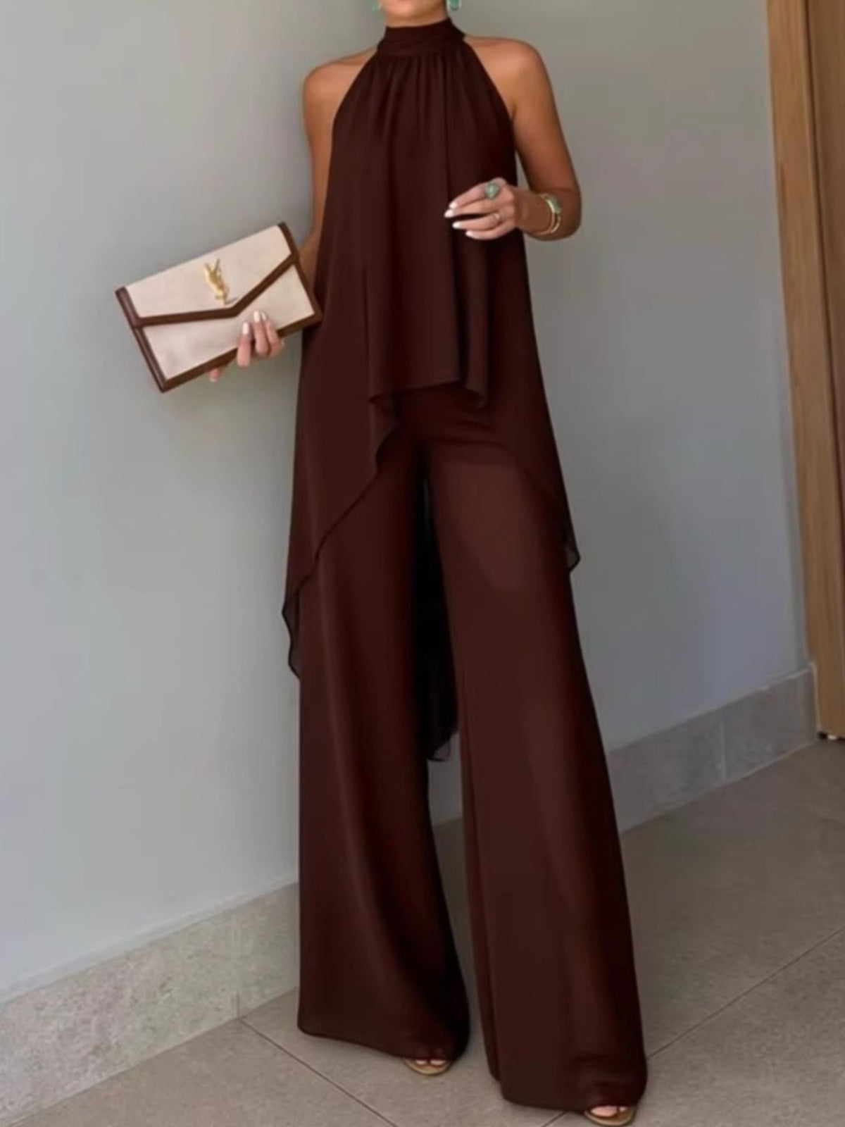 Yellow relaxed top with wide-leg pants two-piece set with halter