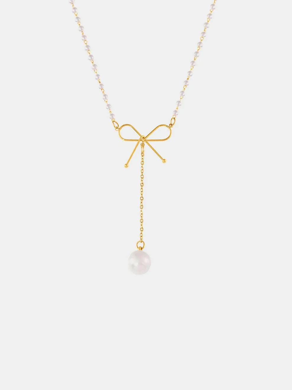 Gold lariat necklace with pearl accents and a bow detail, featuring a single pearl drop.