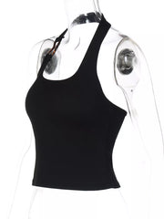 Black ribbed halter tank top with scoop neck and decorative buckle detail.