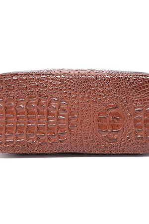 Crocodile embossed satchel bag in mocha with a structured design.