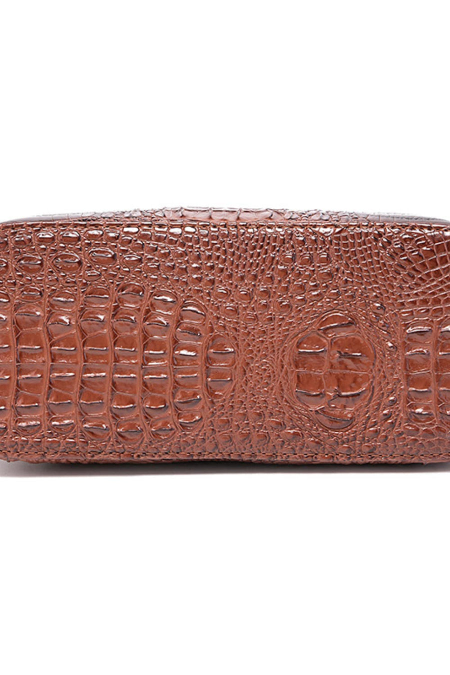 Crocodile embossed satchel bag in mocha with a structured design.