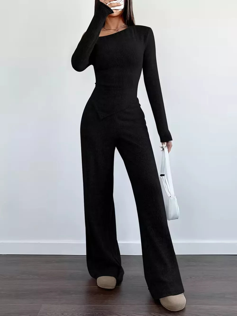 Brown Chic One-shoulder Asymmetrical Top & Wide-leg Pants Set