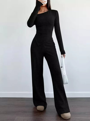 Brown Chic One-shoulder Asymmetrical Top & Wide-leg Pants Set