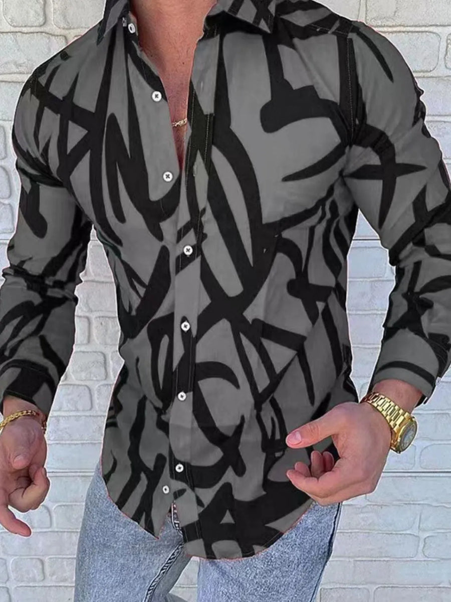 Men's dark gray slim-fit shirt with abstract black scribble print and button-down collar.
