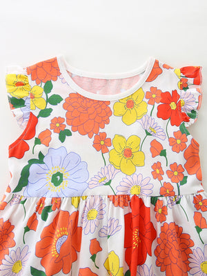 Toddler dress with ruffle sleeves and a playful floral print in white, orange, yellow, and purple.